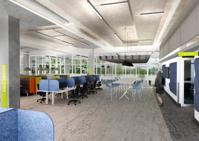 Spatial Reconfiguration – A dedicated call centre was created within an open office using non-destructive, design-forward acoustic solutions. Glass wall partitions, ceiling baffles, acoustic wall panels, and desk dividers were seamlessly integrated to enhance privacy, control noise and maintain a cohesive aesthetic.